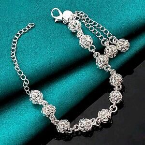925 Sterling Silver Ornate Beaded Bracelet 6mm Balls Boho Vintage Fashion Gift